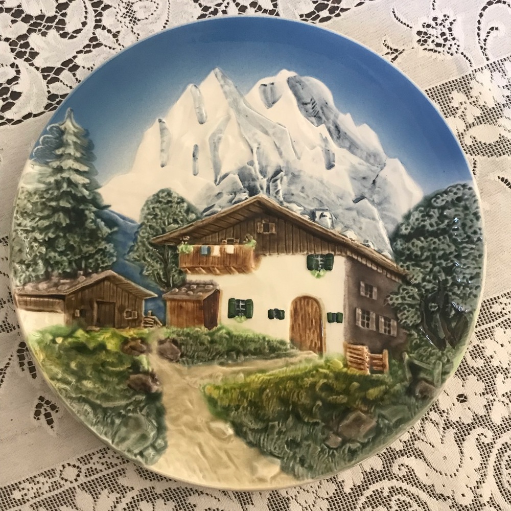 Majolica Plate Chalet Alps made in Western Germany Vintage